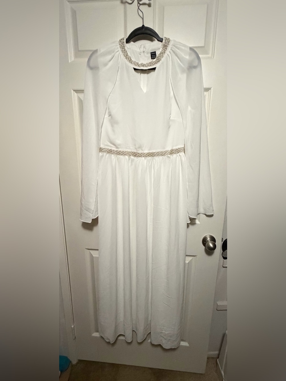 SHEIN White Long Sleeve Maxi Dress with Beaded Trim
